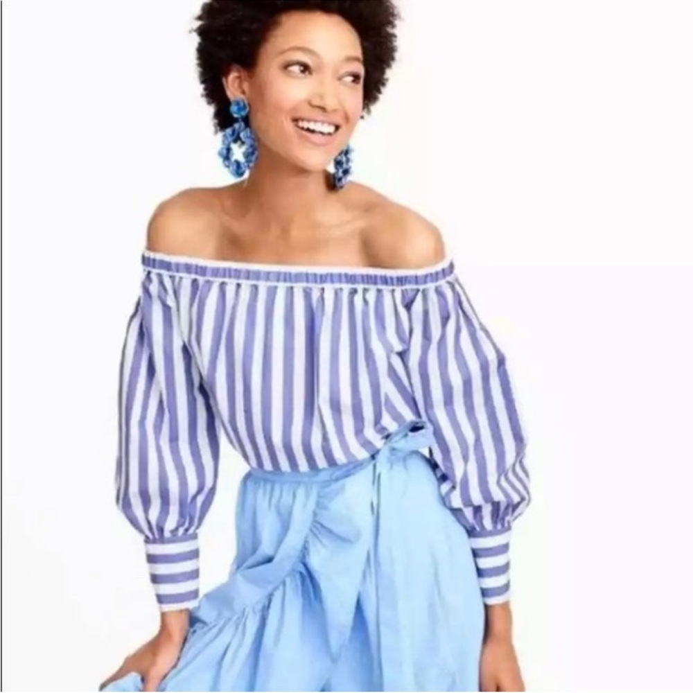 88 Thomas Mason for J Crew Off Shoulder Striped Top Blue White Italian Cotton 2